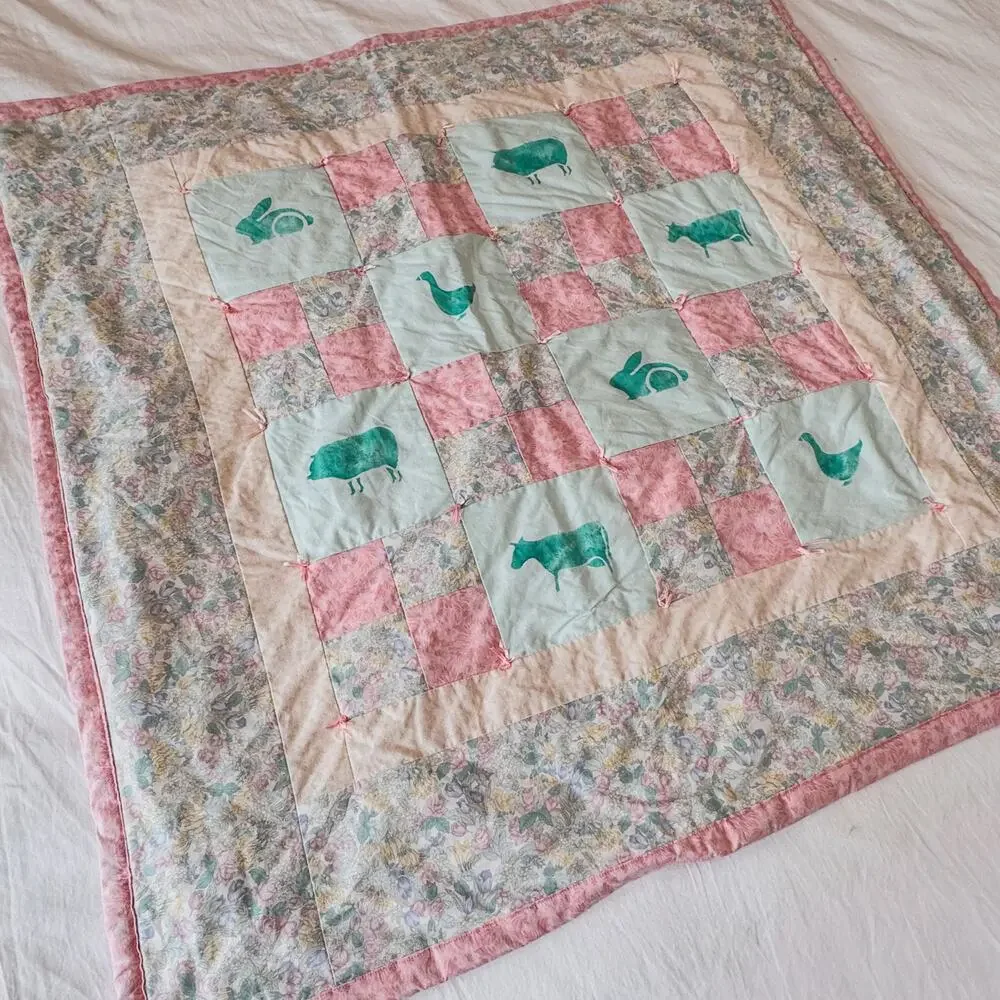 Vintage Handmade Patchwork Pink/Cream Baby Quilt w/ Teal Farm Animal, 40